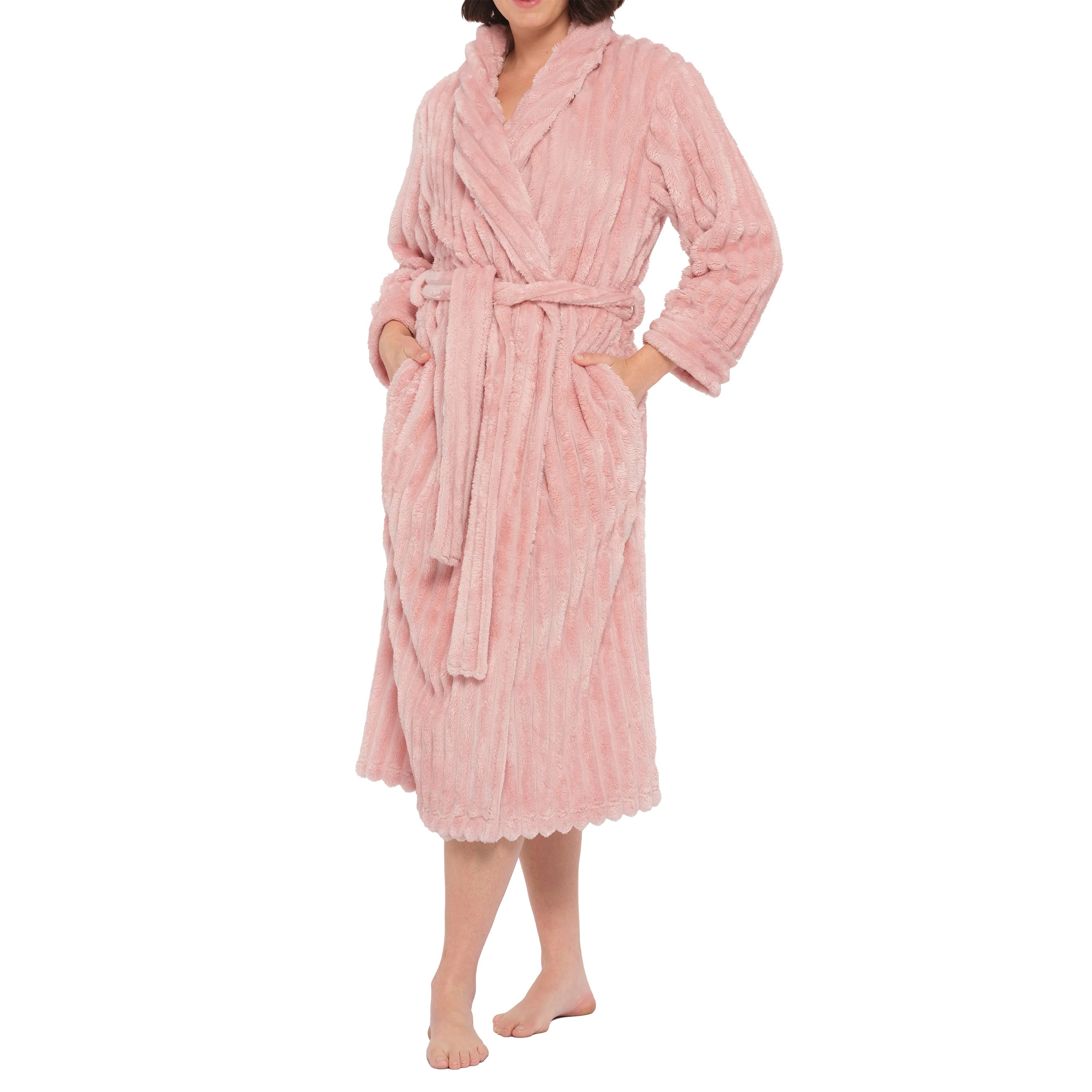 Magnolia Dusty Pink shawl collar jacquard fleece dressing gown, side view, cozy sleepwear with elegant pattern.
