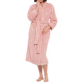 Dusty pink shawl collar lux jacquard fleece dressing gown from Magnolia sleepwear, shown from side view.