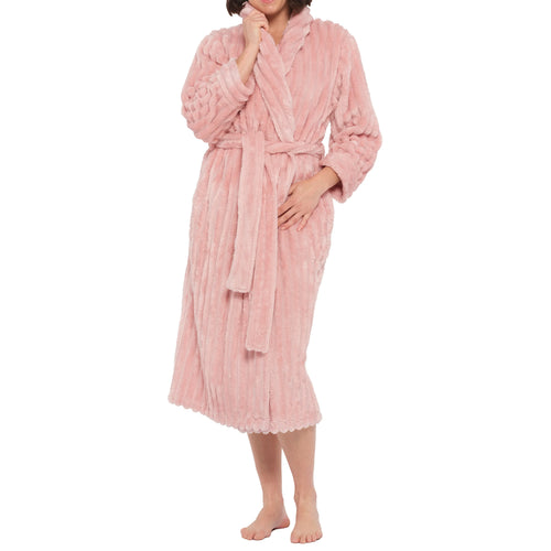 Dusty pink shawl collar lux jacquard fleece dressing gown from Magnolia sleepwear, shown from side view.