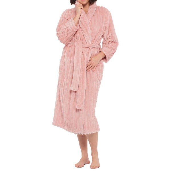 Dusty pink shawl collar lux jacquard fleece dressing gown from Magnolia sleepwear, shown from side view.