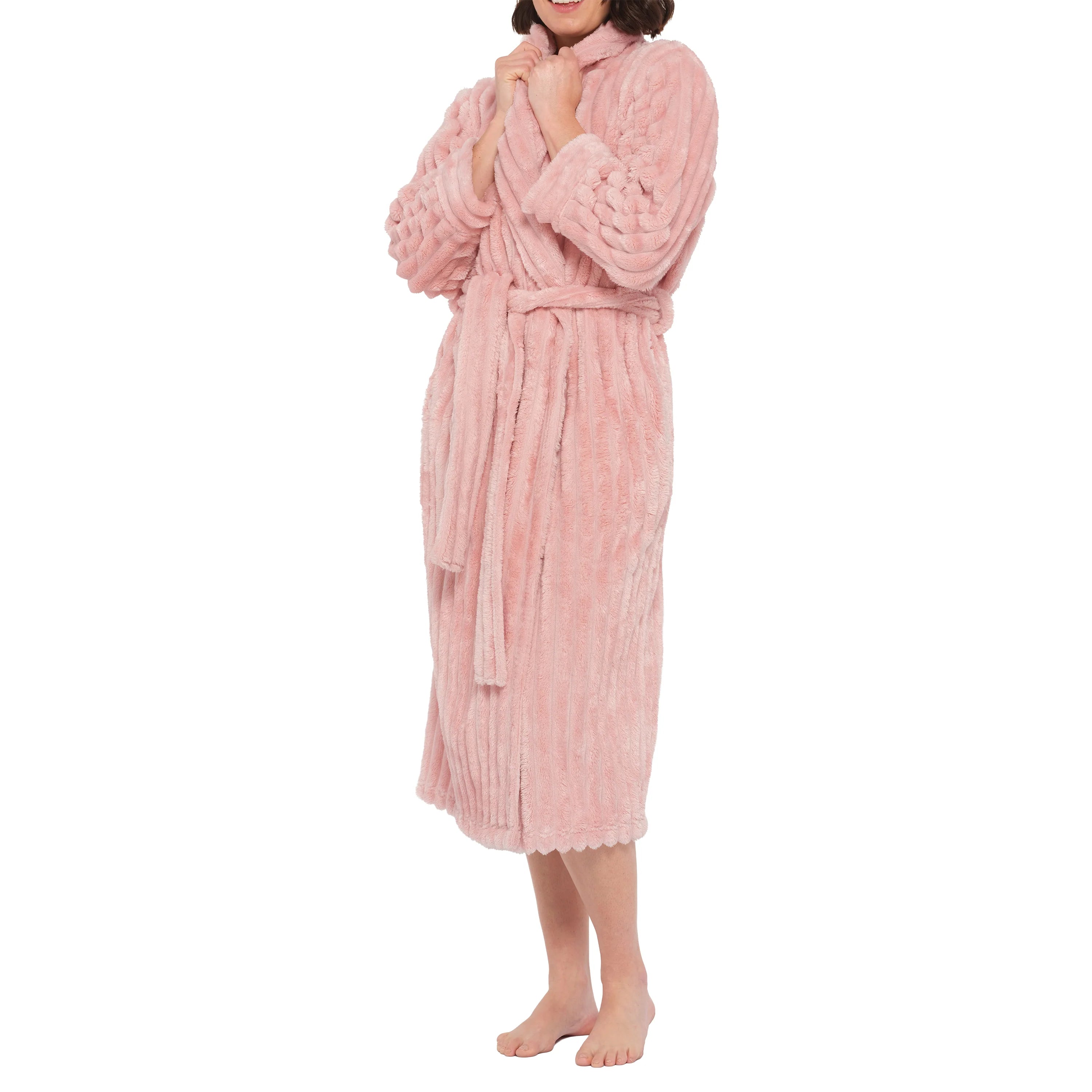 Magnolia dusty pink shawl collar jacquard fleece dressing gown, cozy sleepwear with elegant design, shown from side view.