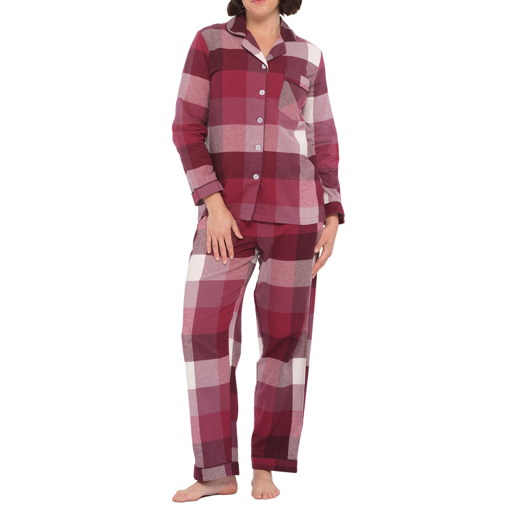 Magnolia deep twilight flannelette cotton pyjama set with long sleeves and relaxed fit, displayed from a side angle.