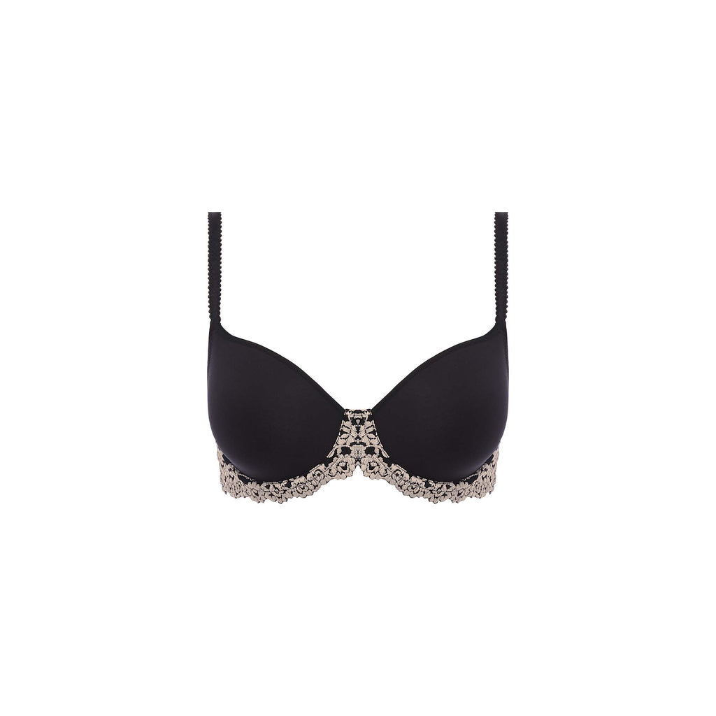 Wacoal Embrace Lace Contour Bra in black and white with delicate lace details and supportive underwire for a comfortable fit.