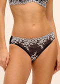 Black lace bikini brief from Wacoal Embrace collection, featuring delicate floral lace and a comfortable fit.