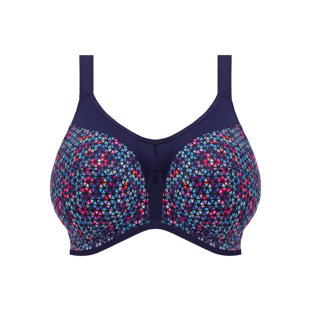 ELOMI Energise underwired sports bra in navy with geometric print, featuring cutout design and supportive fit.