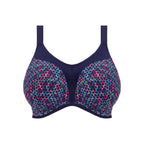 ELOMI Energise underwired sports bra in navy with geometric print, featuring cutout design and supportive fit.
