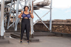 EloMi Energise underwired sports bra in navy with geometric print, designed for support and comfort during workouts.