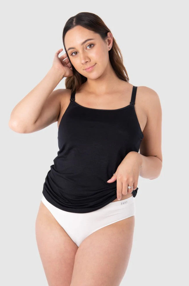 Hot Milk black lace leakproof bamboo camisole for nursing, featuring adjustable straps and soft fabric