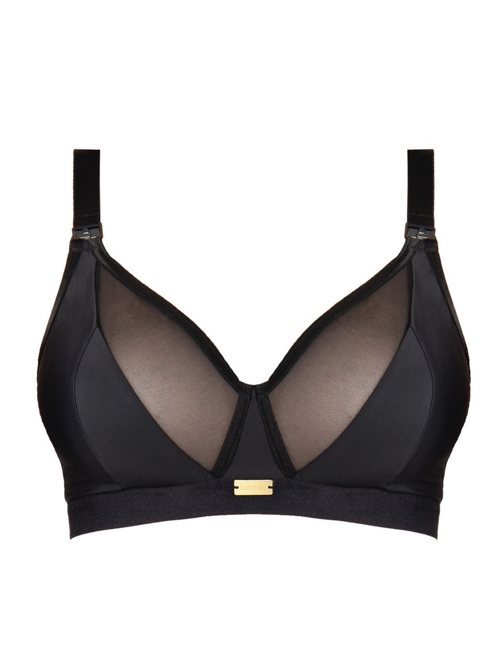 Black Flawless Full Cup Plunge Nursing Bra by HOT MILK, showcasing supportive design and comfortable fit.