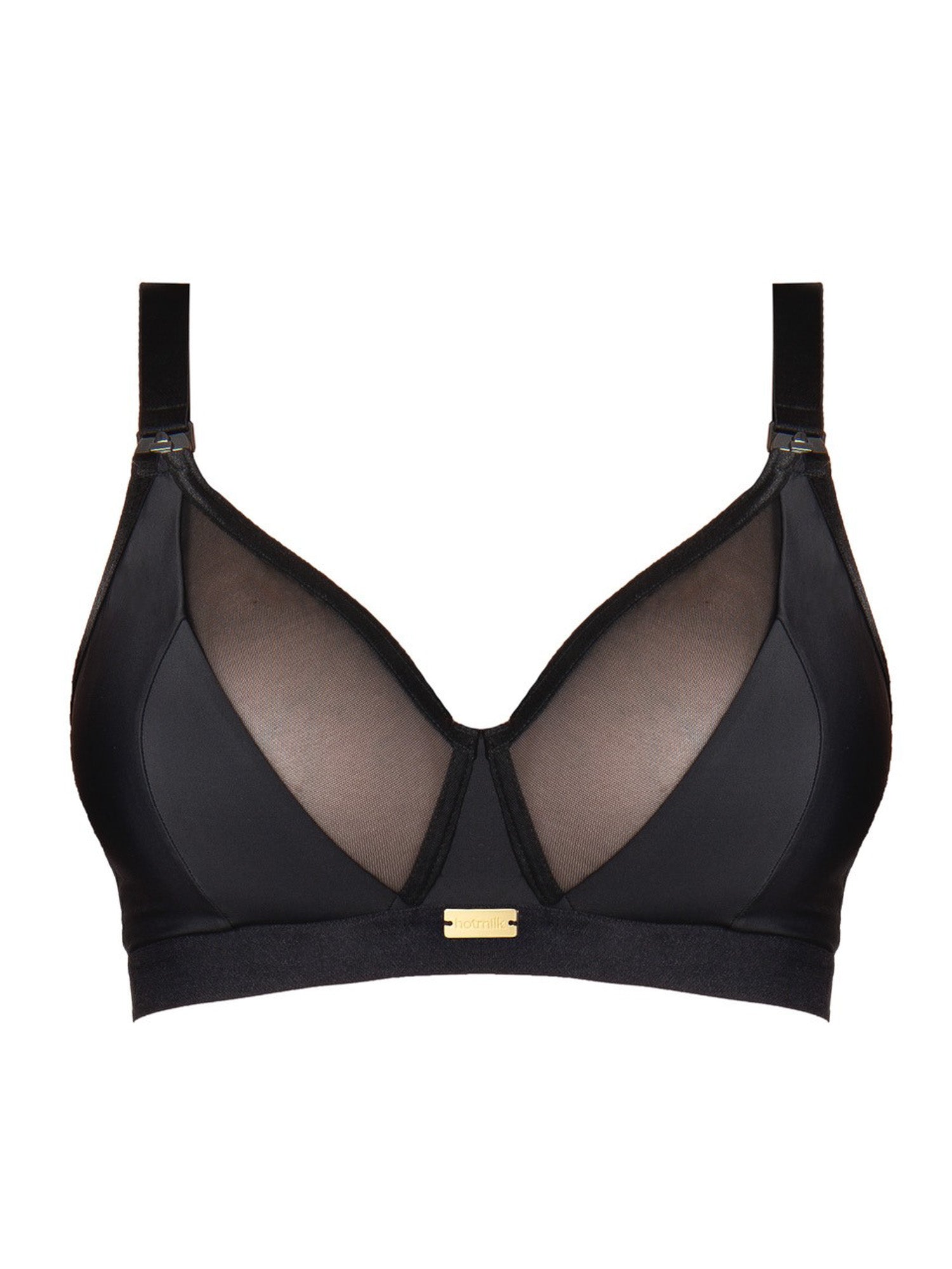 Black Flawless Full Cup Plunge Nursing Bra by HOT MILK, showcasing supportive design and comfortable fit.