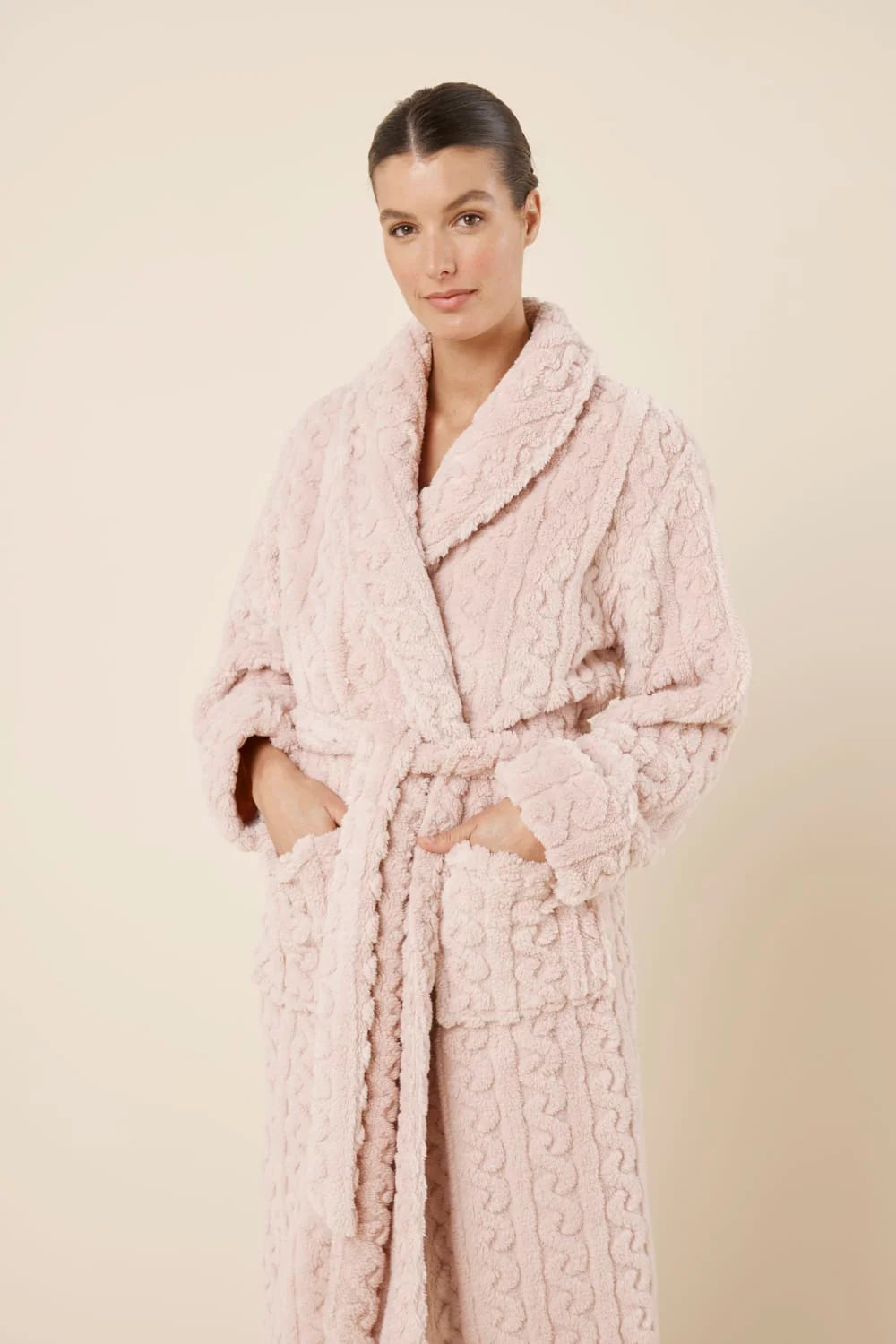 Pink Gabriella Plush Long Robe by Ginger Lily, soft and cozy sleepwear with a relaxed fit and plush fabric.