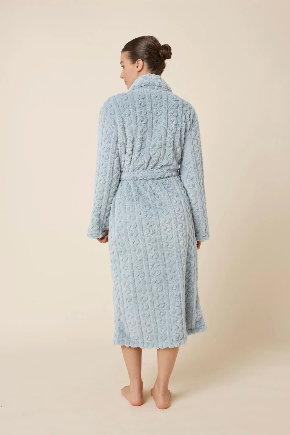 Blue Gabriella plush long sleepwear robe by Ginger Lily, shown from the back with a cozy, soft fabric and relaxed fit.