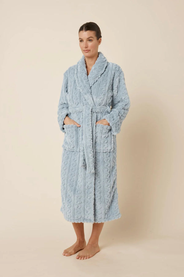 Blue Gabriella Plush Long Sleepwear Robe by Ginger Lily, shown from the side with a soft, cozy fabric and relaxed fit.
