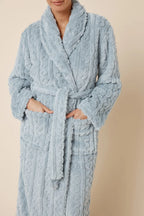 Blue Gabriella Plush Long Robe by Ginger Lily, soft sleepwear with a relaxed fit and cozy fabric, front view cropped image.