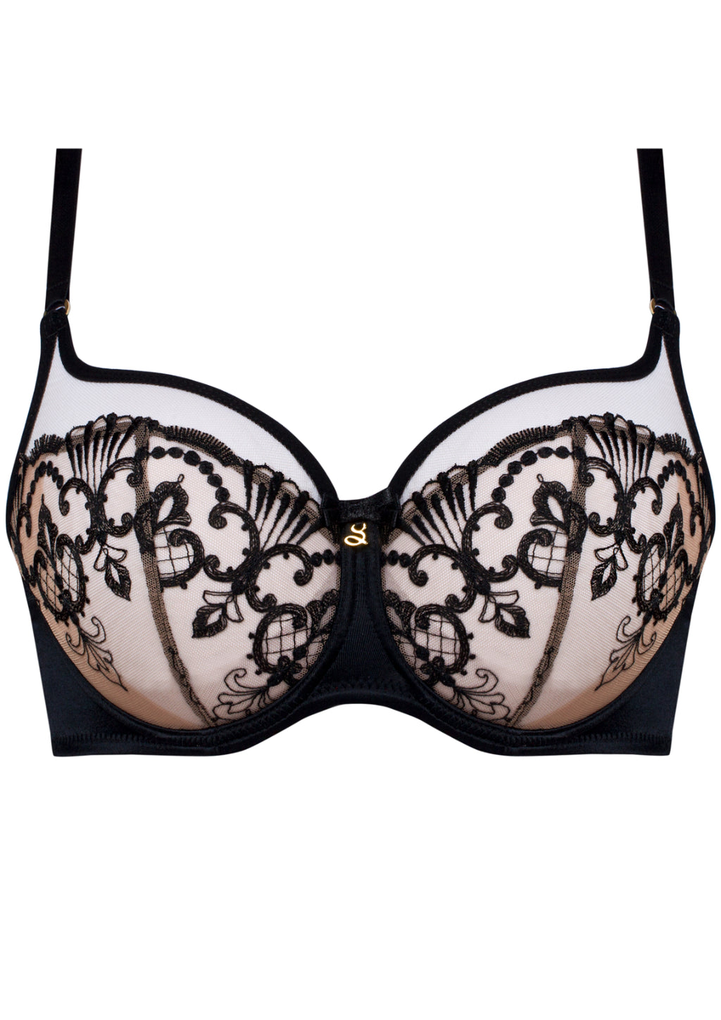 Black and nude semi-sheer lace underwire bra by SAMANTA featuring delicate lace details and supportive underwire.
