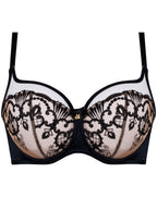 Black and nude semi-sheer lace underwire bra by SAMANTA featuring delicate lace details and supportive underwire.