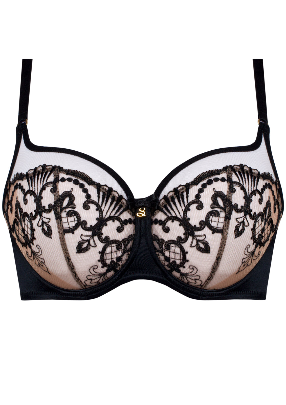 Black and nude semi-sheer lace underwire bra by SAMANTA featuring delicate lace details and supportive underwire.