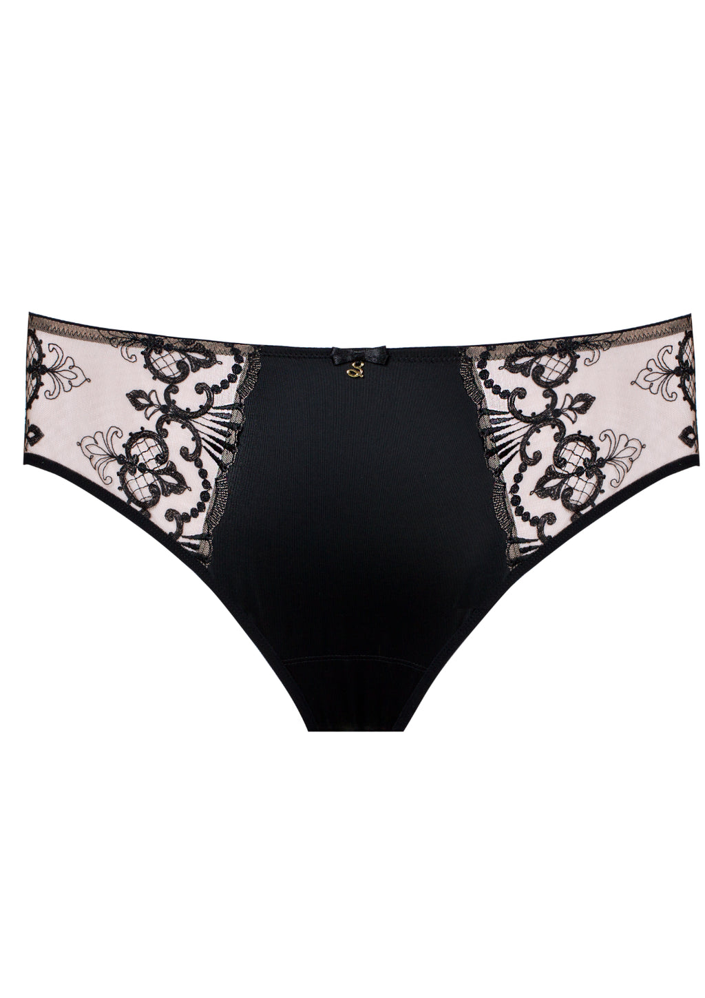 Black and gold semi-sheer full brief underwear by Samanta, featuring delicate lace details and comfortable fit.