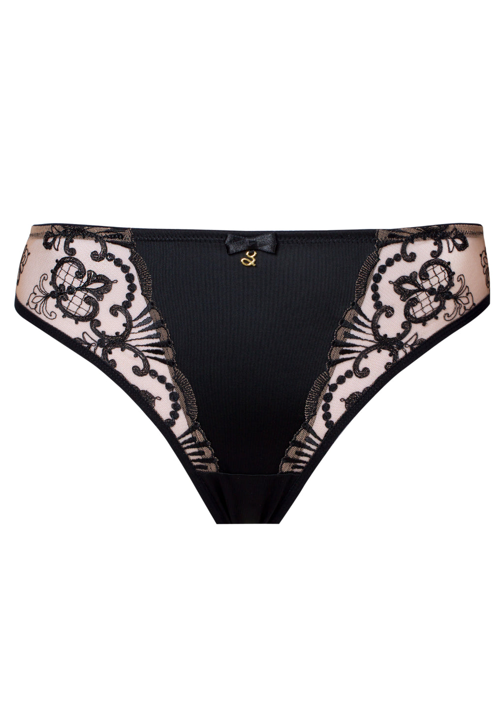 Black semi-sheer thong underwear by Samanta with gold fittings and nude option, featuring delicate, lightweight design.