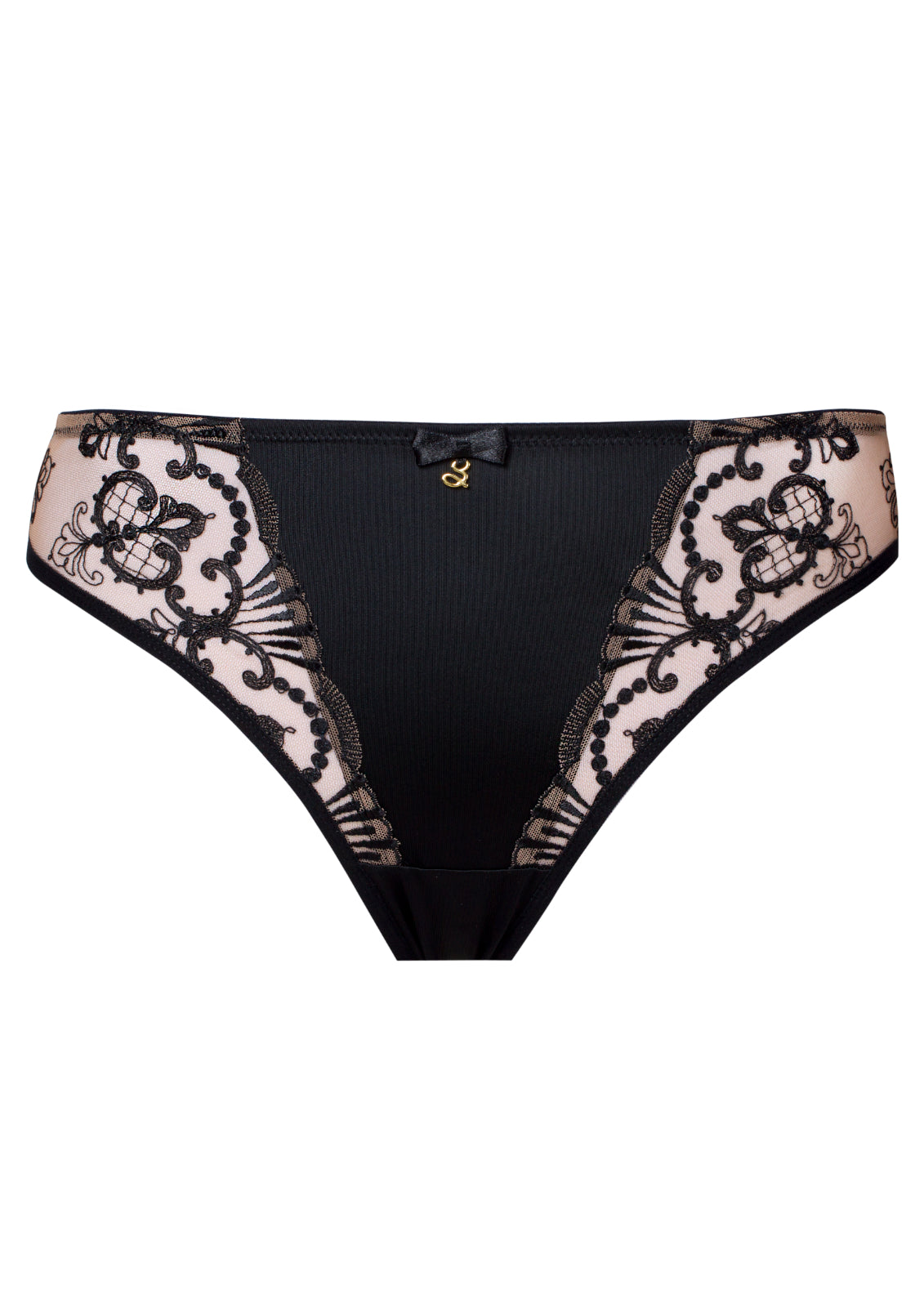 Black semi-sheer thong underwear by Samanta with gold fittings and nude option, featuring delicate, lightweight design.