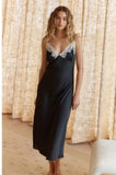 Magnolia Long Silky Satin Chemise (Black)