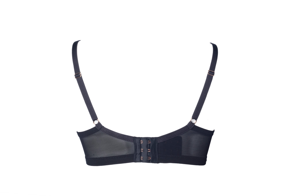 Black Lunar Eclipse wirefree maternity nursing bra by HOT MILK featuring front clasps and soft, supportive fabric for comfortable breastfeeding.