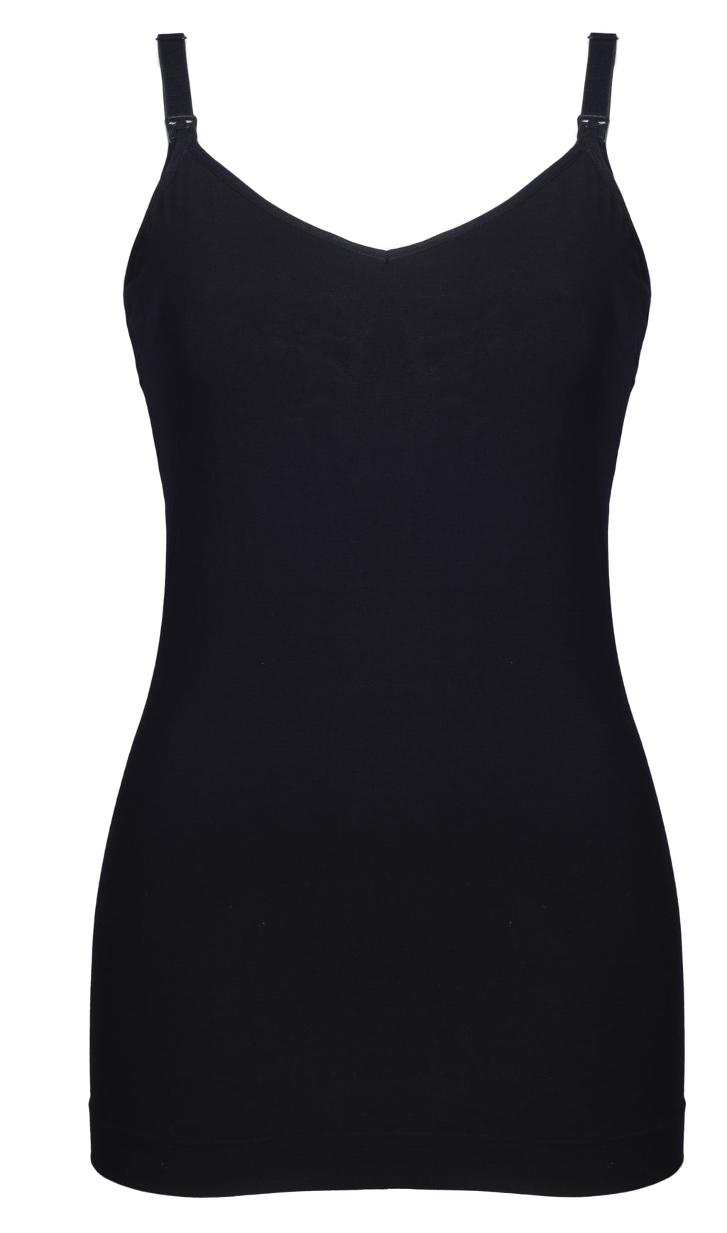 Seamless black maternity camisole with shelf support from HOT MILK, designed for comfort and support during pregnancy.