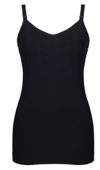 Seamless black maternity camisole with shelf support from HOT MILK, designed for comfort and support during pregnancy.