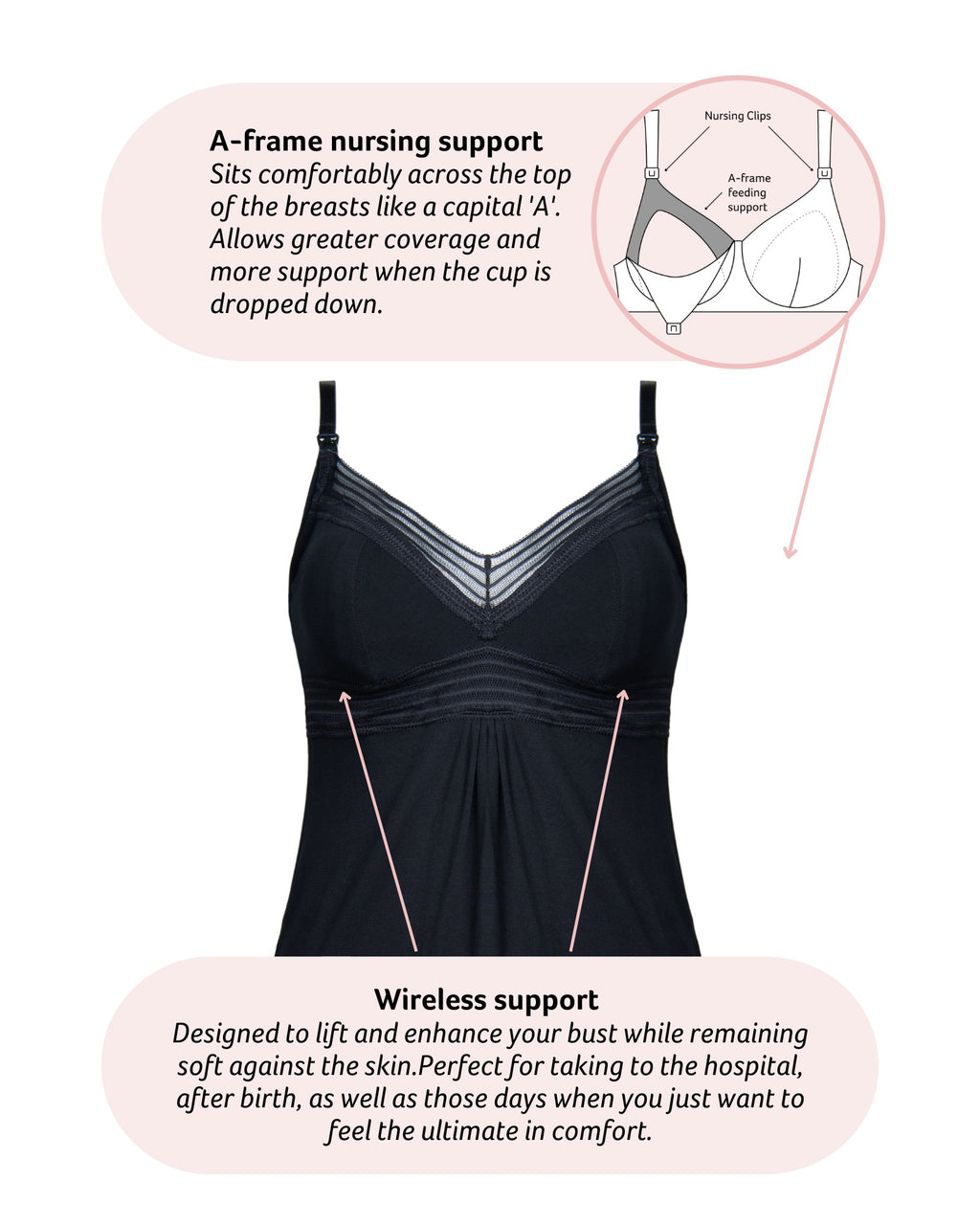 Black Dream Multifit wirefree nightie by HOT MILK, soft nursing sleepwear with comfortable fit and breathable fabric.