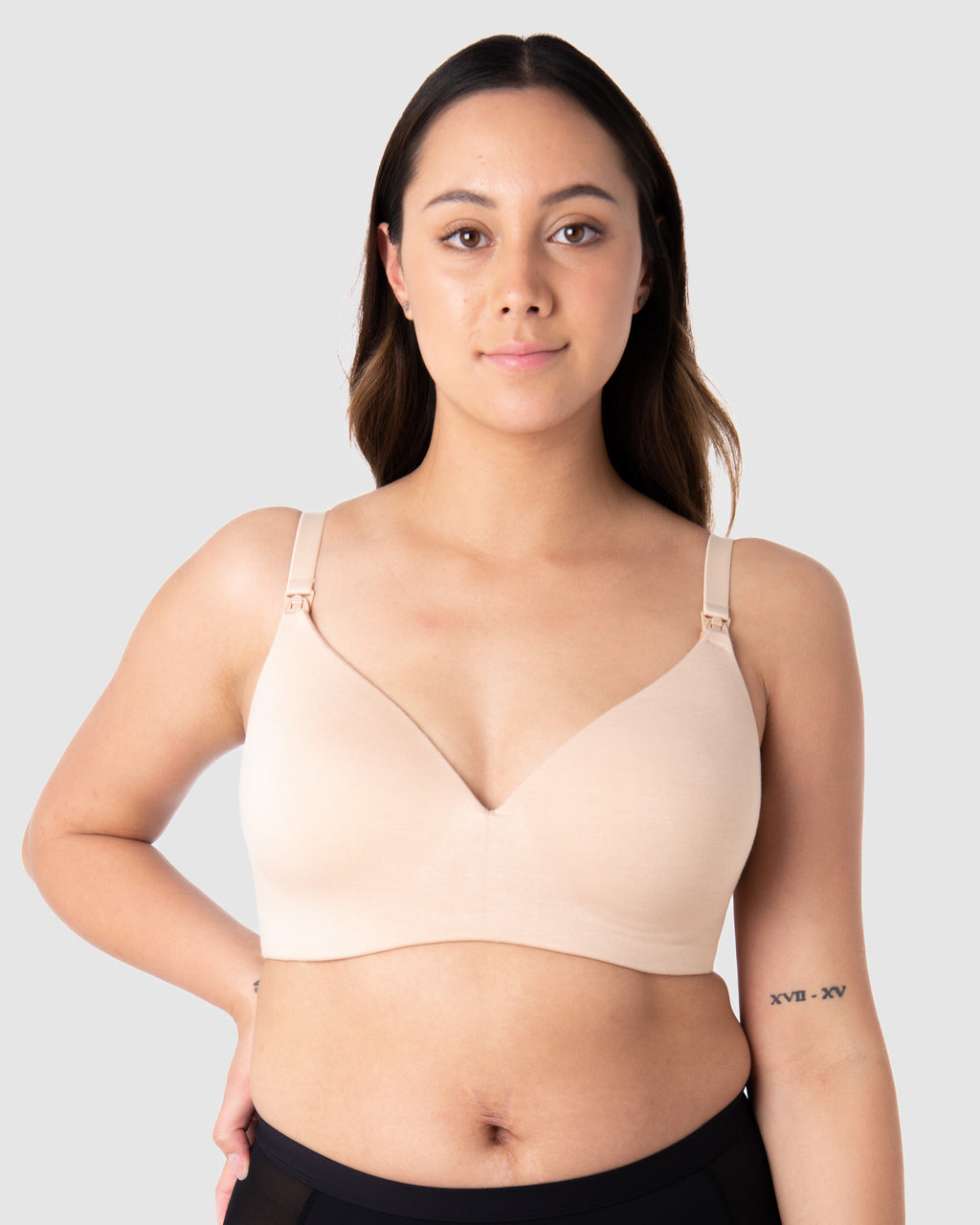 Hot Milk leakproof wirefree nursing bra in bamboo lace, Frappe color, designed for comfort and support.