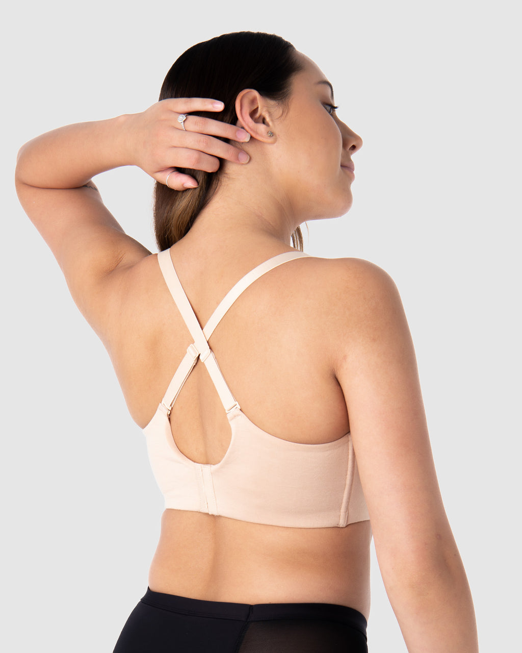 Hot Milk leakproof wirefree nursing bra in bamboo lace with a racerback design, in a soft frappe color.
