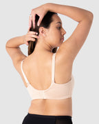 Hot Milk leakproof wirefree nursing bra in bamboo lace, Frappe color, with a comfortable T-shirt style and supportive back design.