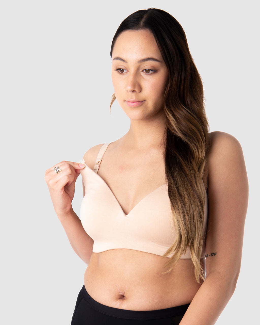 Hot Milk bamboo lace leakproof wirefree nursing bra in Frappe color, featuring comfortable design and discreet cup coverage.