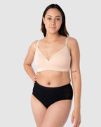 Hot Milk leakproof wirefree nursing bra in bamboo lace, Frappe color, comfortable T-shirt style with full coverage.