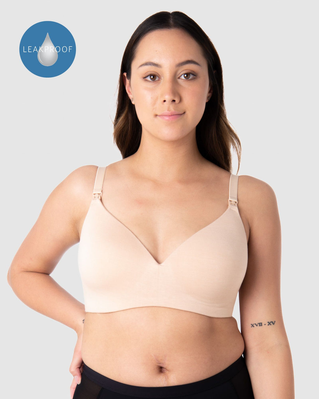 Leakproof wirefree nursing bra by HOT MILK with bamboo lace in Frappe, designed for comfort and support.