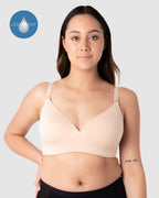 Leakproof wirefree nursing bra by HOT MILK with bamboo lace in Frappe, designed for comfort and support.