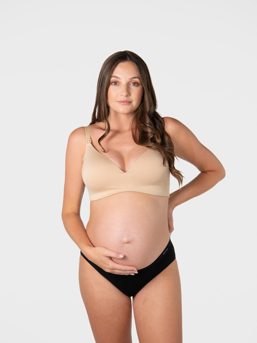 Hot Milk leakproof wirefree nursing bra in bamboo lace, T-shirt style, in Frappe color with soft, comfortable fabric and supportive fit.