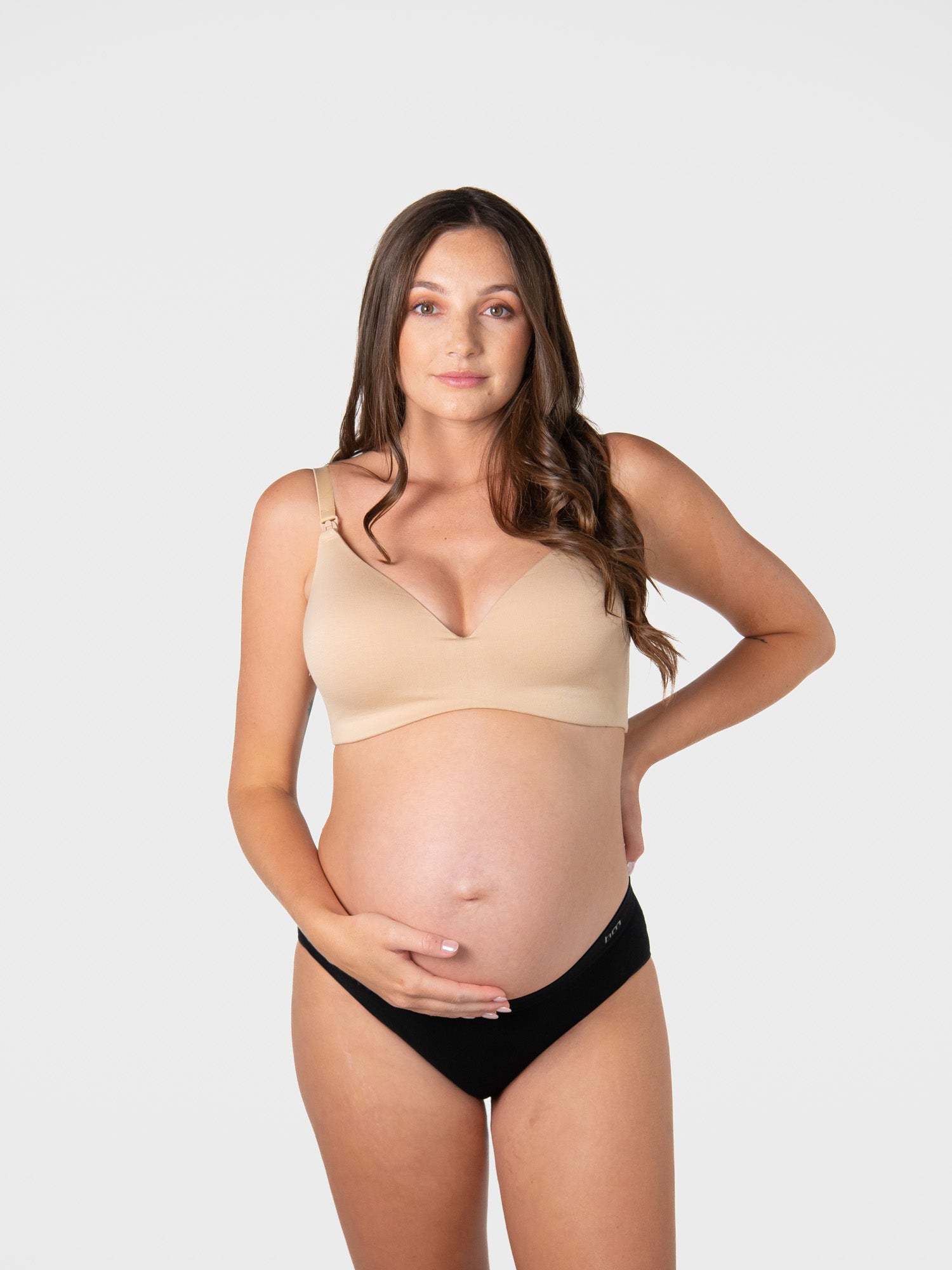 Hot Milk leakproof wirefree nursing bra in bamboo lace, T-shirt style, in Frappe color with soft, comfortable fabric and supportive fit.