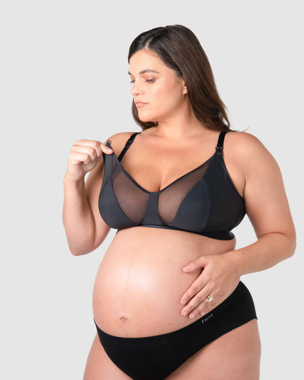 Black Flawless Full Cup Plunge Nursing Bra by HOT MILK, featuring supportive cups and adjustable straps for comfortable breastfeeding.