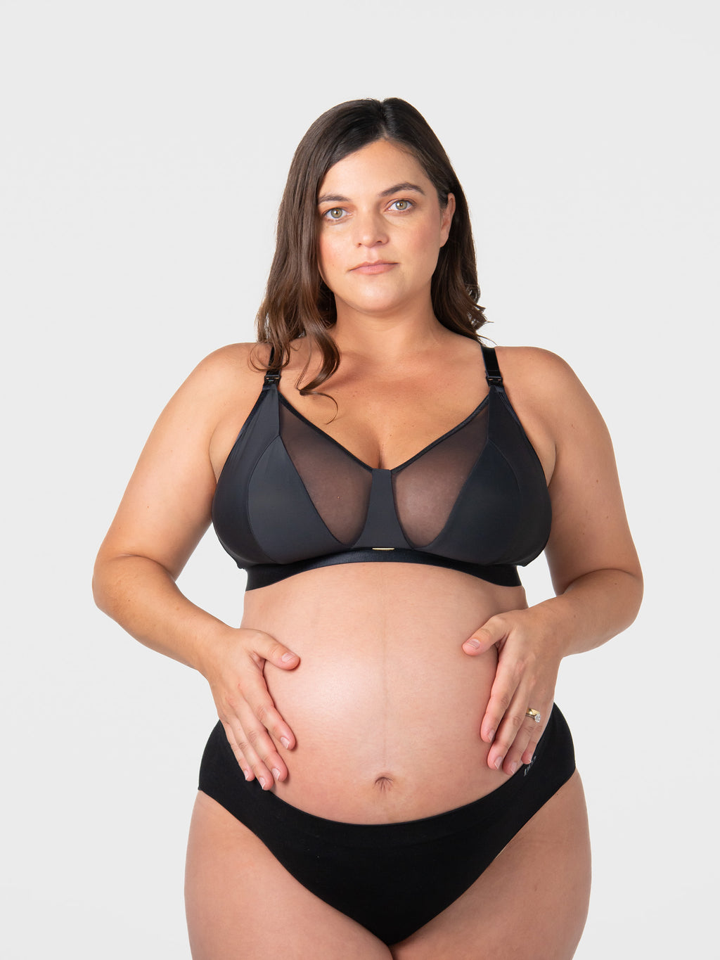 Black Flawless Full Cup Plunge Nursing Bra by Hot Milk, showing supportive cups and adjustable straps on smooth fabric.