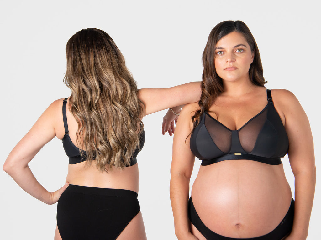 Black Flawless Full Cup Plunge Nursing Bra by HOT MILK, featuring comfortable supportive design with lace details.