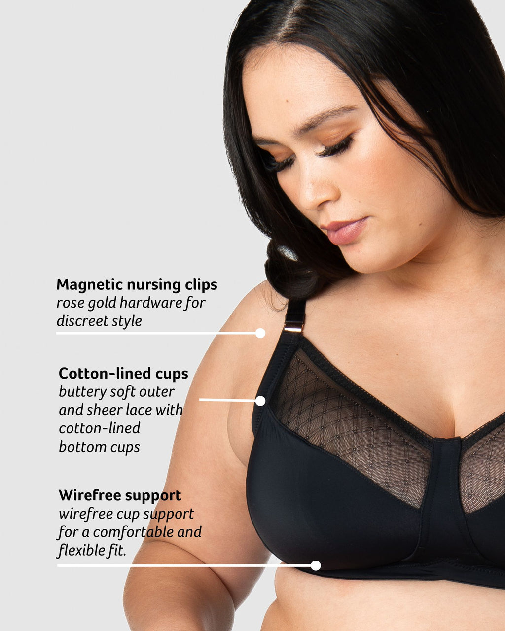 Black Lunar Eclipse wirefree maternity nursing bra by HOT MILK, featuring soft fabric and adjustable straps for comfort and support.