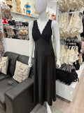 Black satin Beck long nightie by Essence, elegant sleepwear with a smooth, shiny fabric, shown hanging or displayed flat.