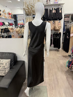 Black satin long nightie from Essence's Beck sleepwear collection, featuring a smooth, luxurious fabric and elegant design.