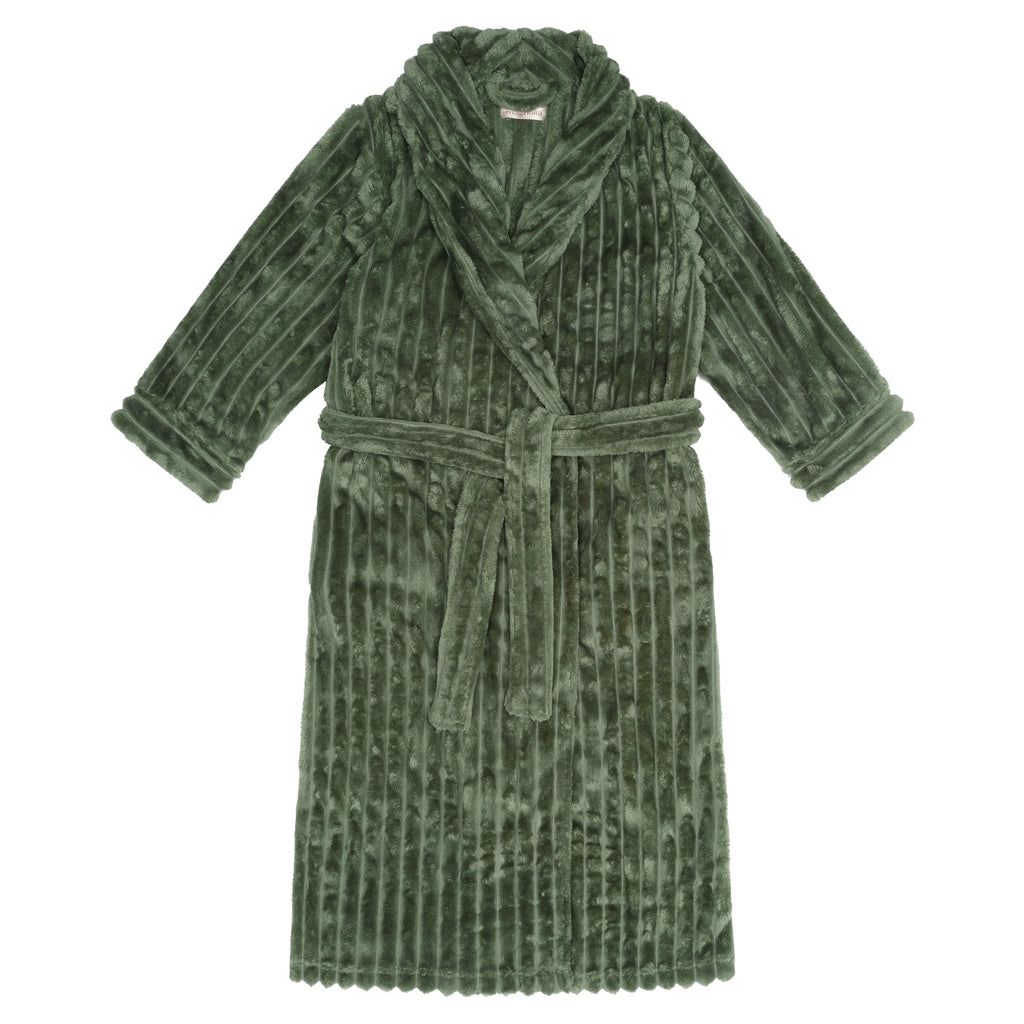 Magnolia olive shawl collar jacquard fleece dressing gown, cozy sleepwear with luxurious textured fabric.