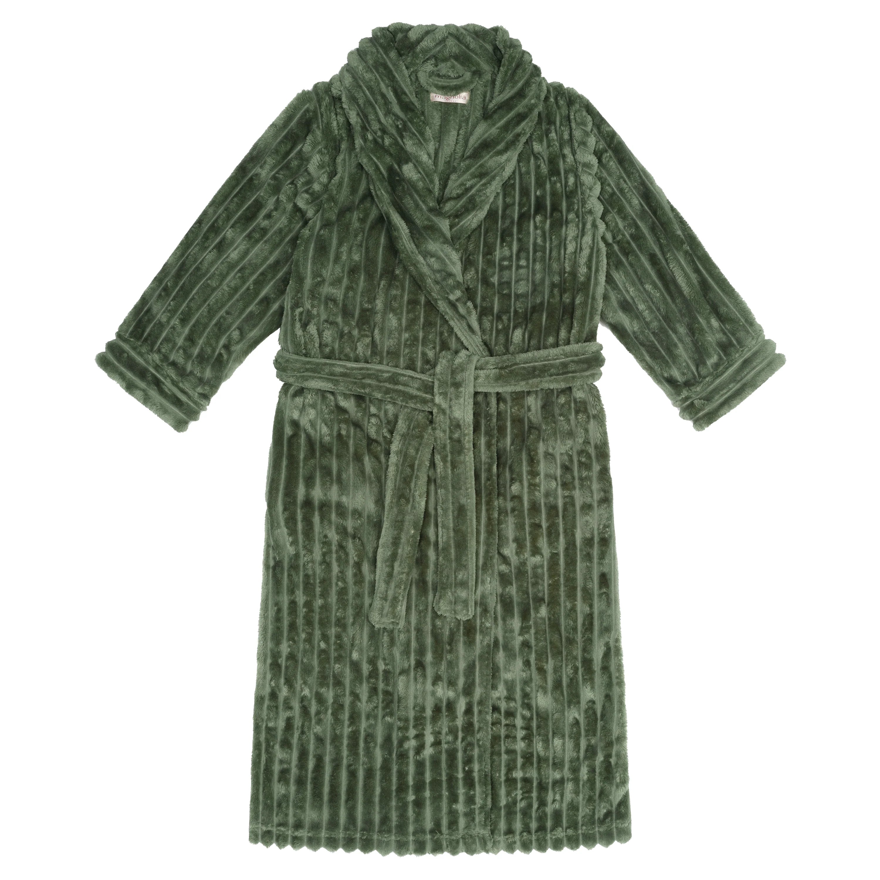 Magnolia olive shawl collar jacquard fleece dressing gown, cozy sleepwear with luxurious textured fabric.