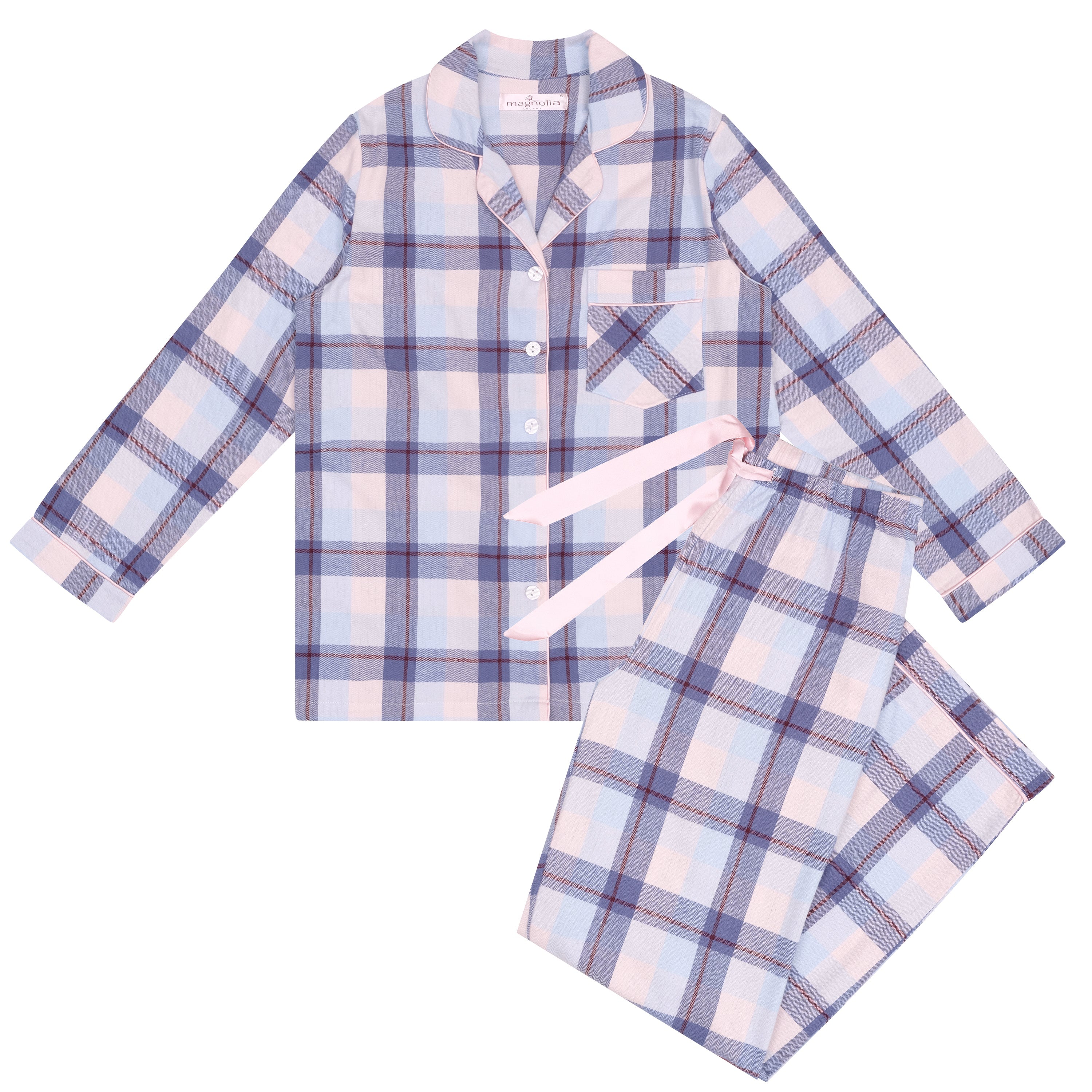 Magnolia Blue Horizon flannelette cotton sleepwear pyjama set with long sleeves and matching pants on a model