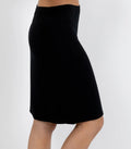 Black Matt Tricot half slip with lace trim, 50cm length, from BrandeLLA, shown on a flat surface.