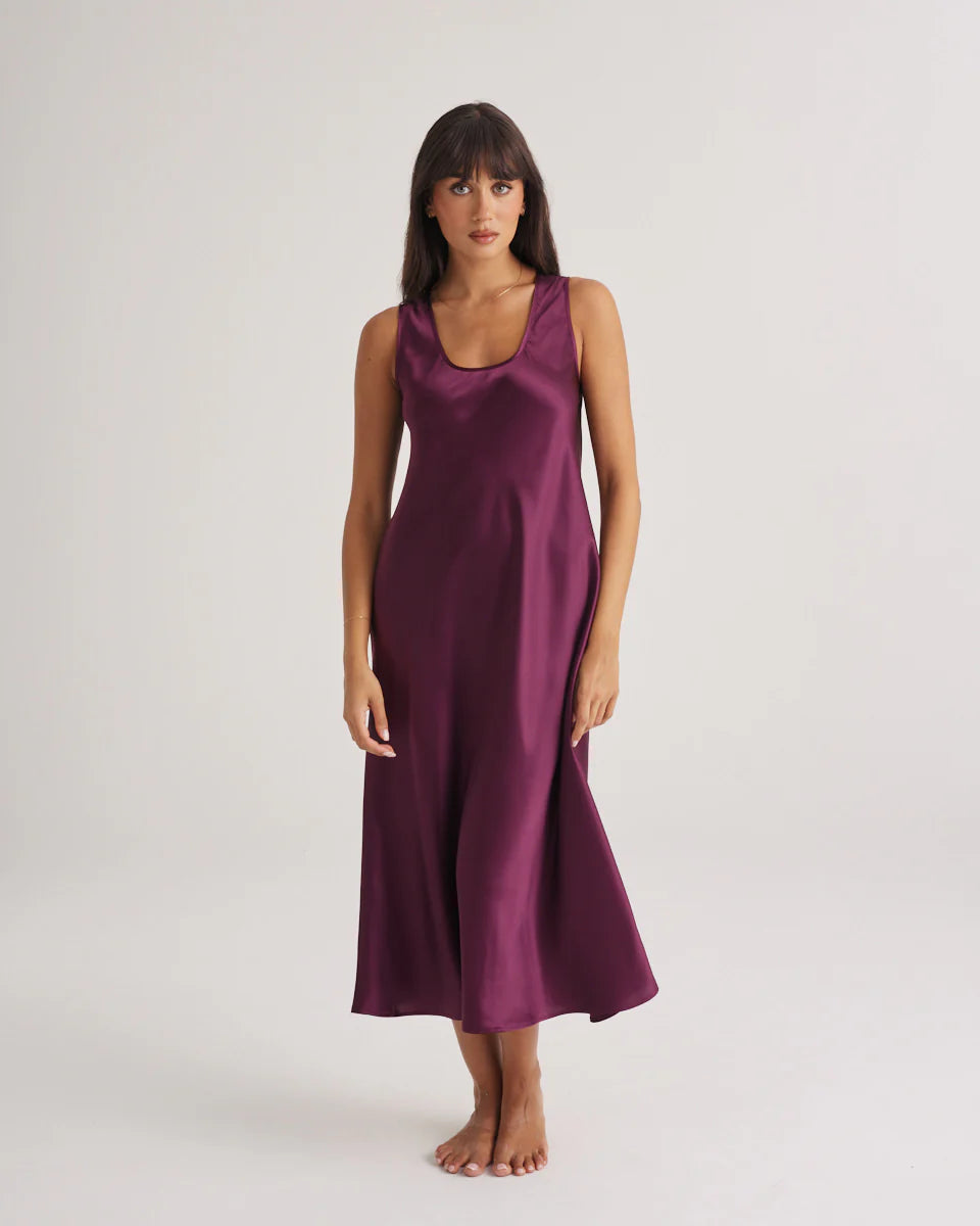 Love and Lustre Mono Silk Long Nightdress in Merlot, elegant sleepwear with smooth silk fabric and a flowing design.