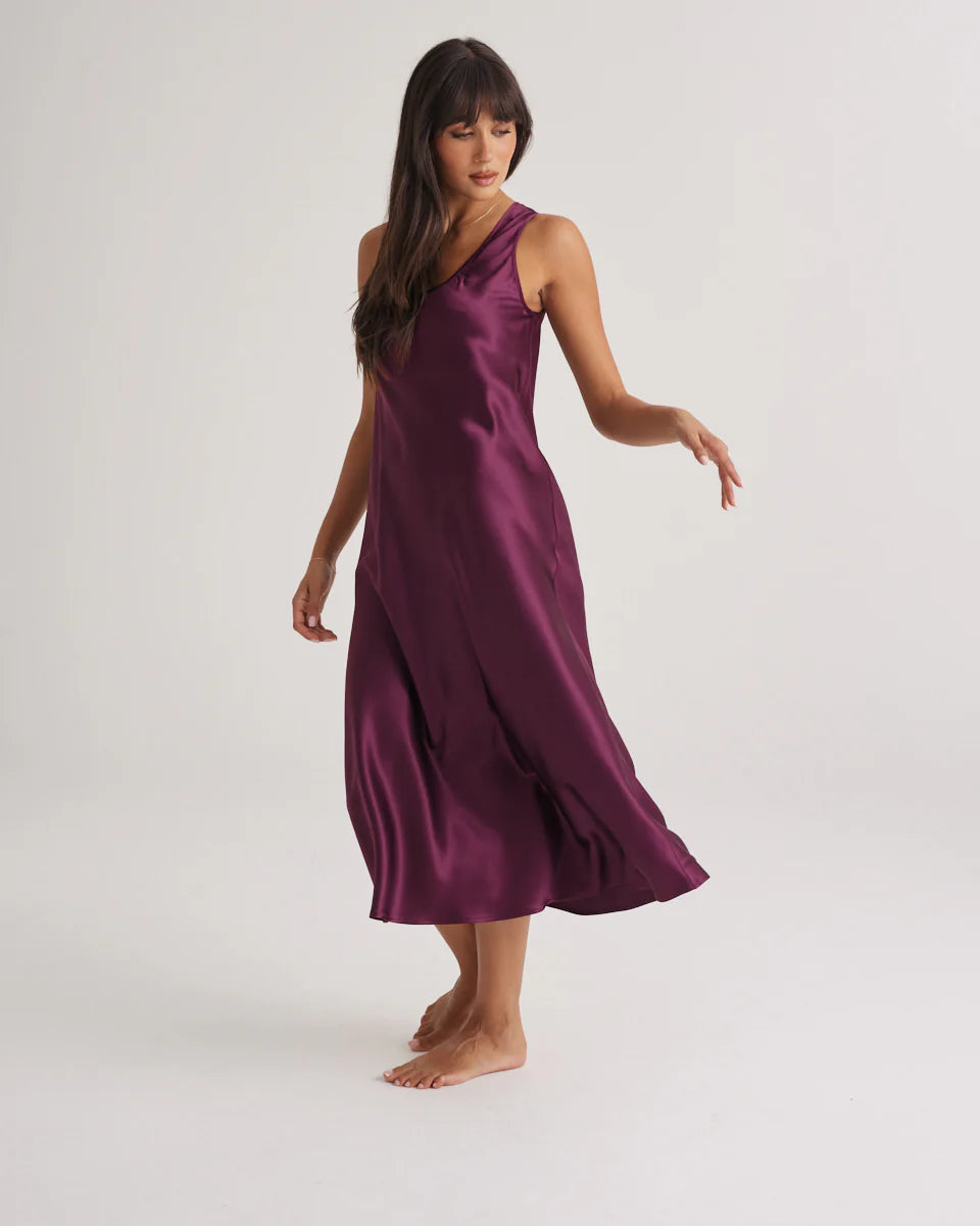 Love and Lustre Mono Silk Long Nightdress in Merlot, elegant sleepwear with a smooth silk fabric and flowing design.